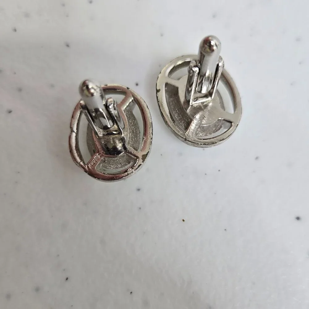 Swank Green Rhinestone Cufflinks Silver Tone Mens Oval Crystal Vintage